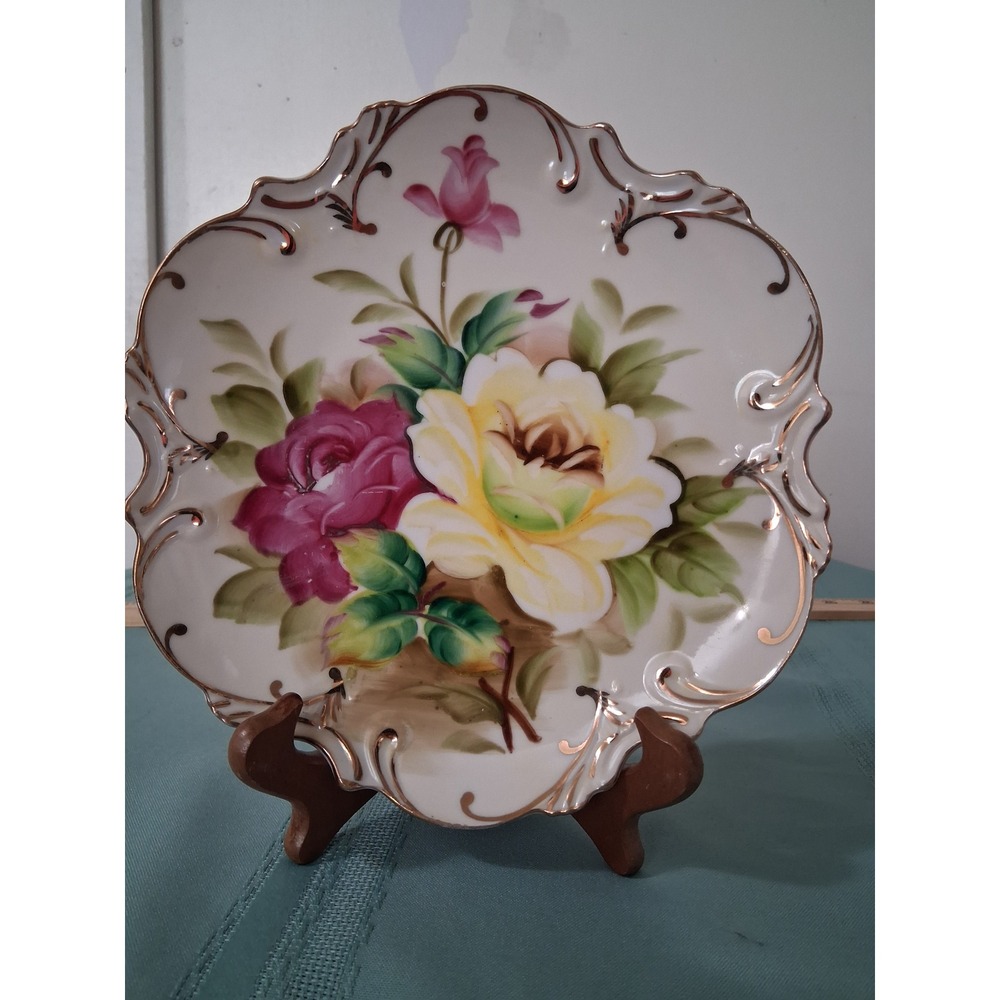 Lefton China Hand Painted Rose Plate Scalloped Gold Rim Vintage 093 Japan